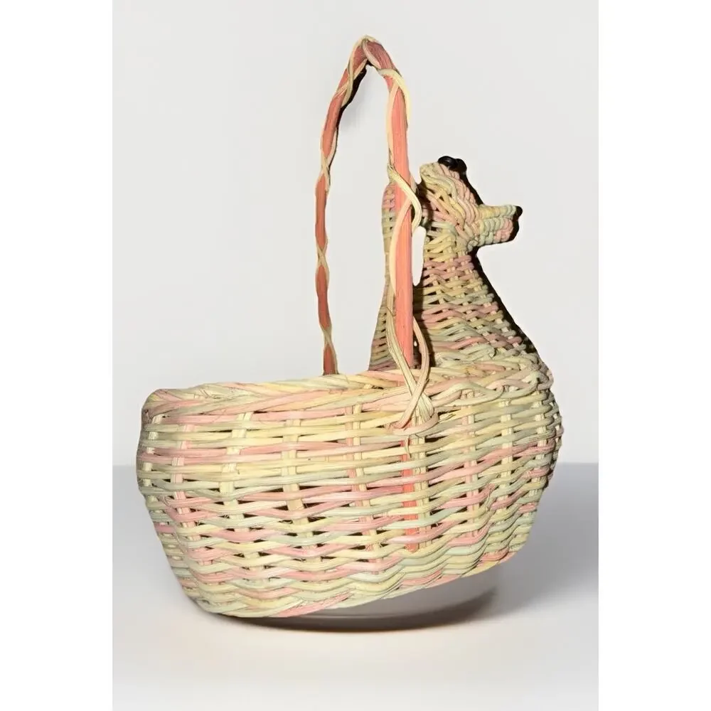 Vintage 1970’s Pastel Duck Wicker Basket with Handle Decorative Planter 8.5x5”